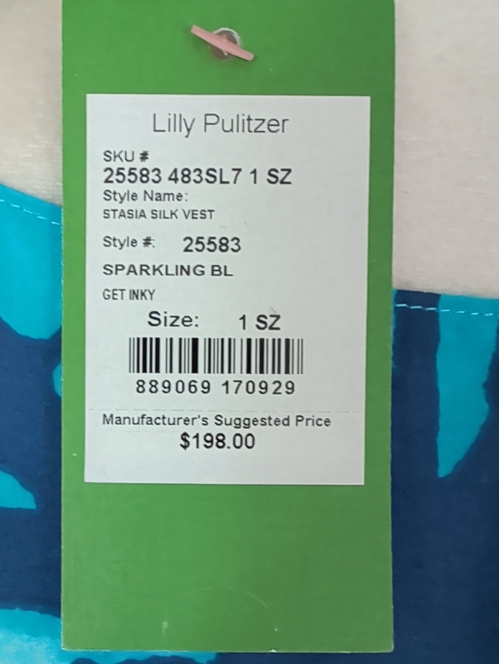 Lilly Pulitzer Stasia Silk Sparkling Blue Get Inky Vest OS Blue Turquoise - Picture 7 of 15